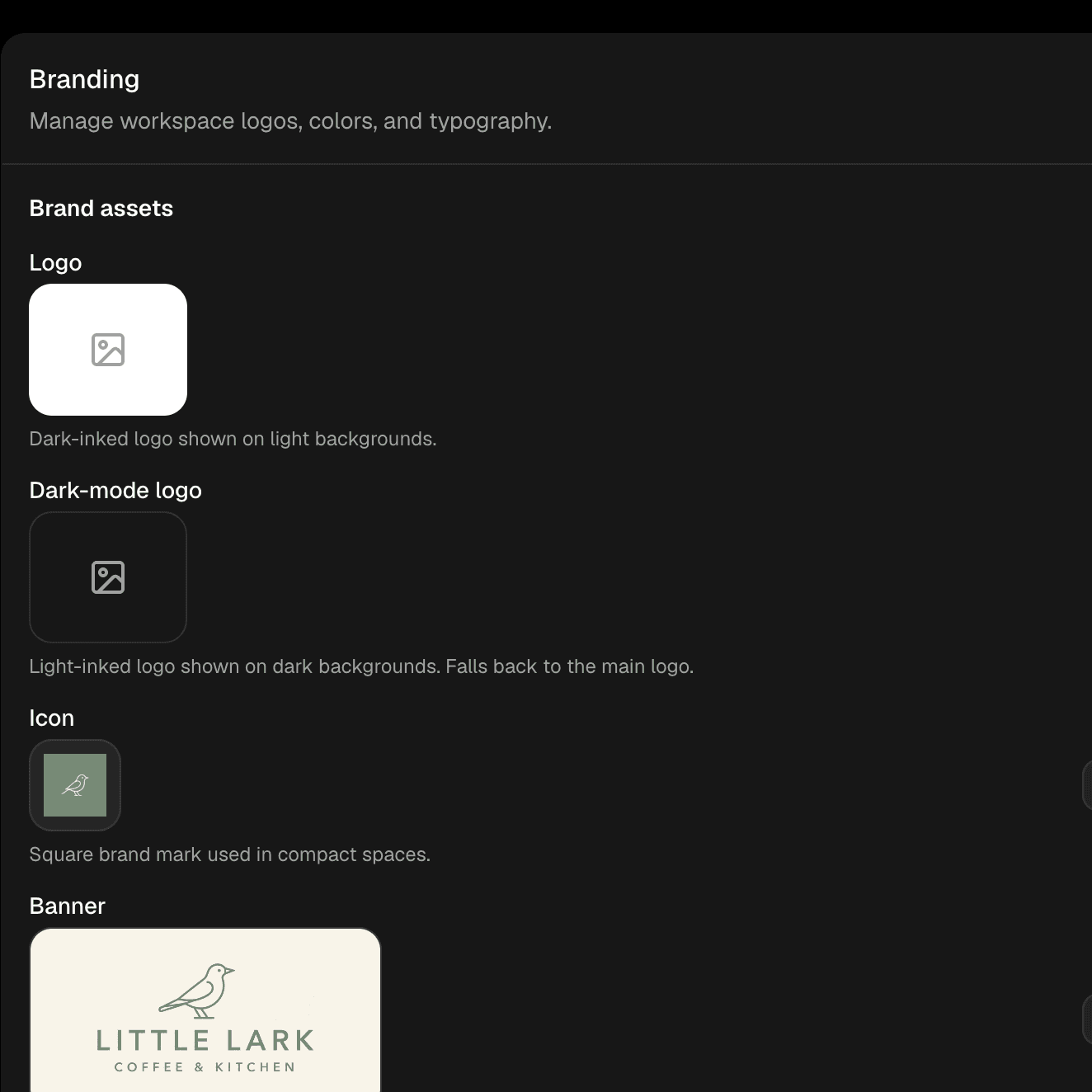 Branding settings with a logo, icon and banner