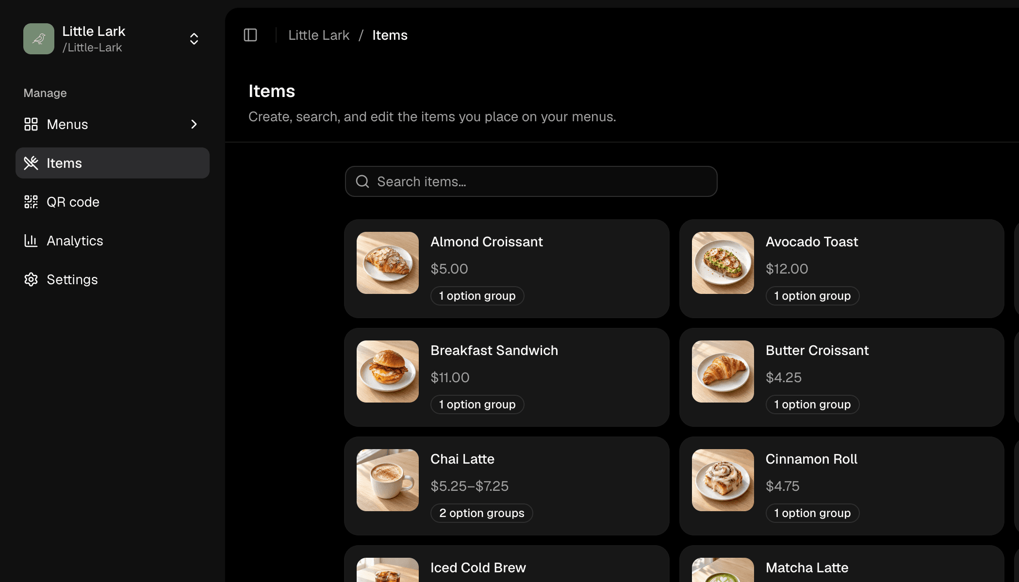 MenuTada's item list with photos, prices and option groups