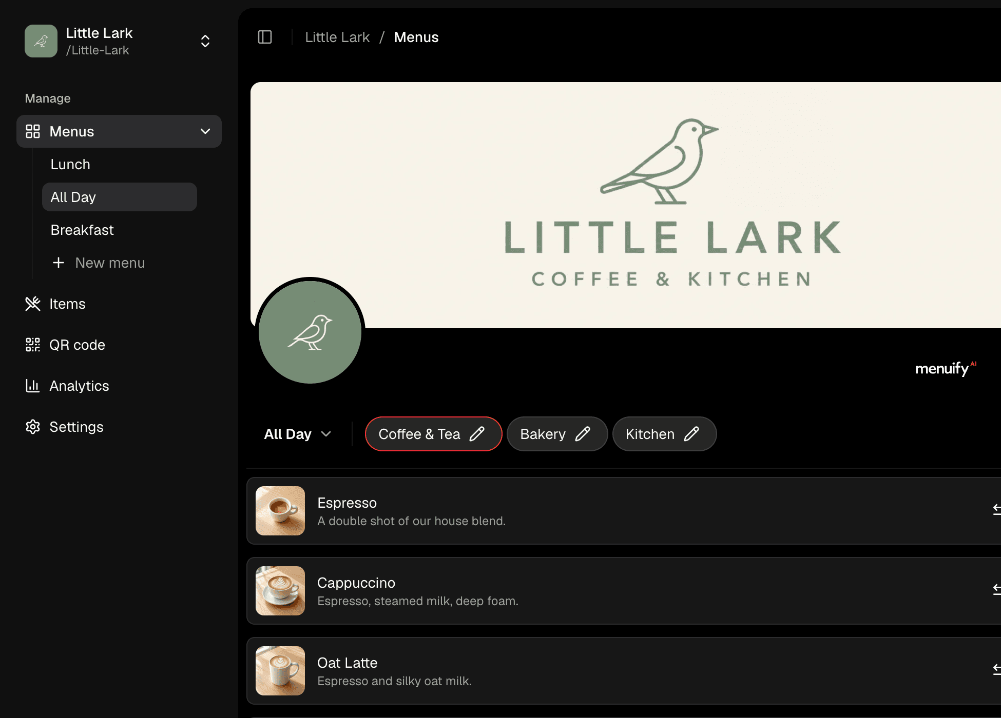 MenuTada's menu editor with Little Lark's menus, banner and categories