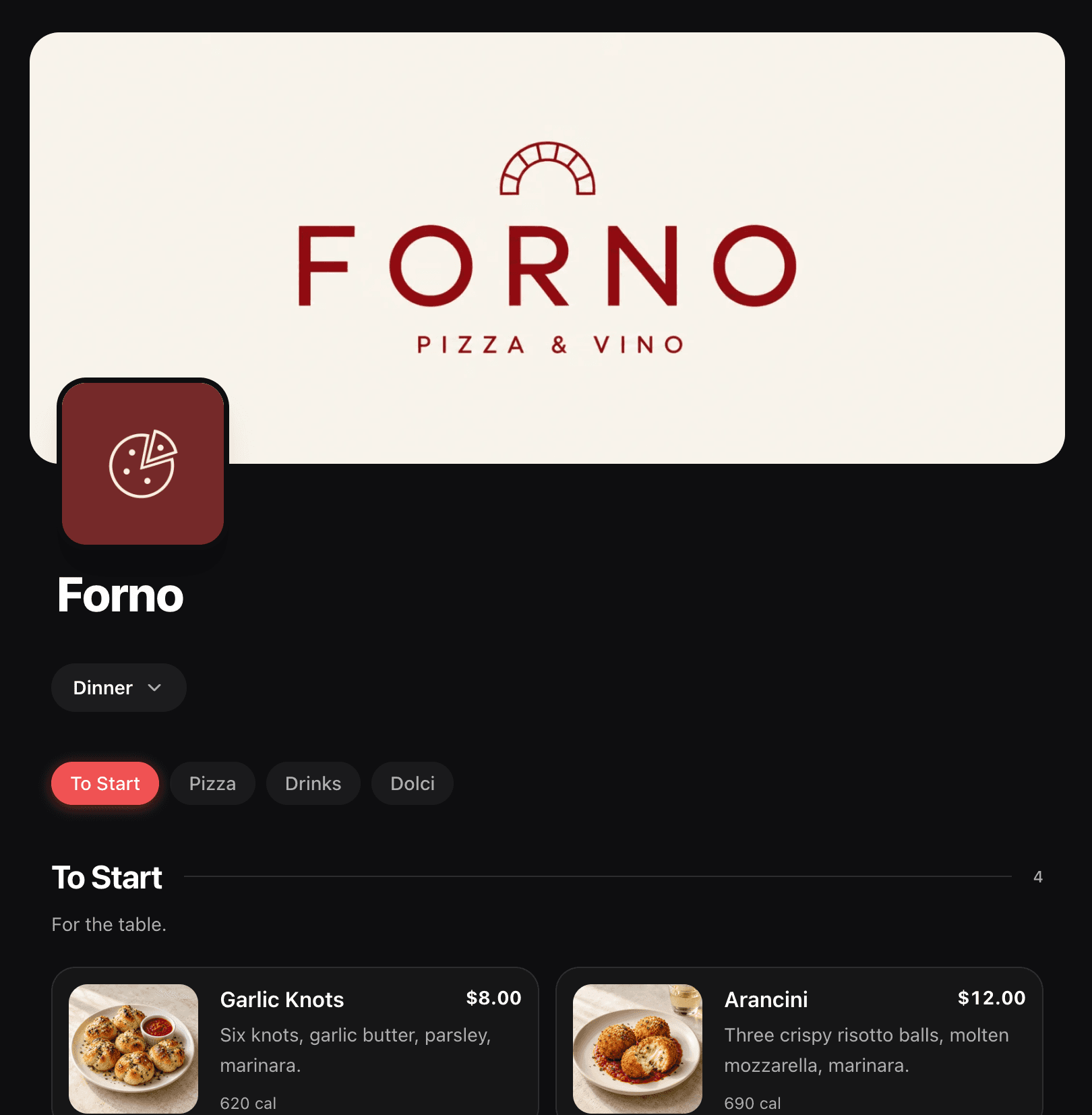 Forno's public menu with its banner, logo and categories