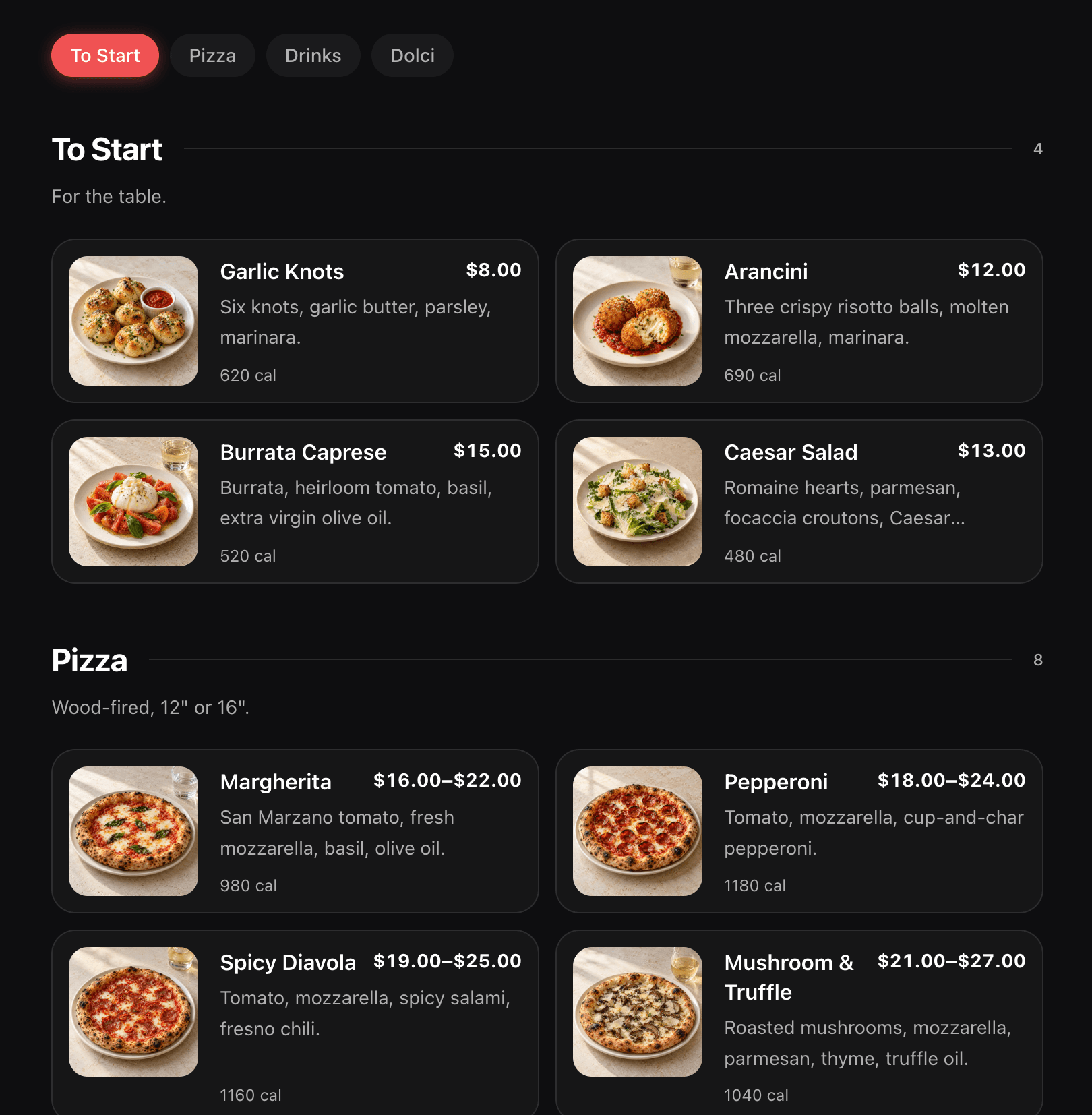 Forno's public menu with starters and pizzas