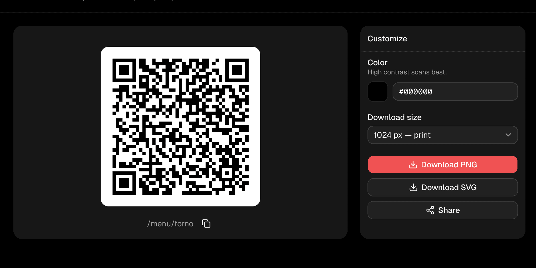 Forno's QR code with download and share options